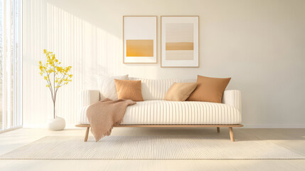 Modern living room with cozy sofa and warm decor in bright sunlight