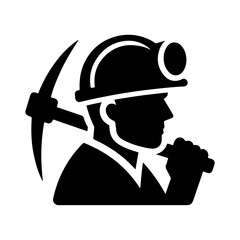 Monochrome Miner Icon Vector Featuring a Helmet and Pickaxe Silhouette for Industrial and Labor Design Themes