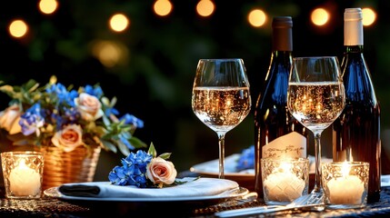 Fototapeta premium Elegant outdoor dining experience with wine and flowers.