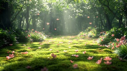 A peaceful spring garden featuring evergreen shrubs surrounded by a lush carpet of moss and scattered wildflowers, sunlight creating dappled light effects, crisp textures of leaves and petals,