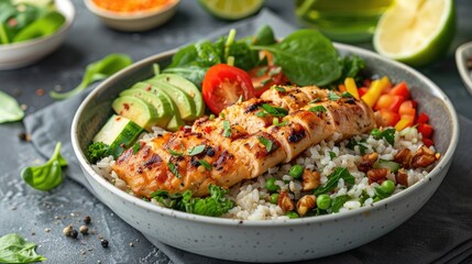 A colorful bowl featuring grilled salmon, rice, vegetables, and fresh herbs.