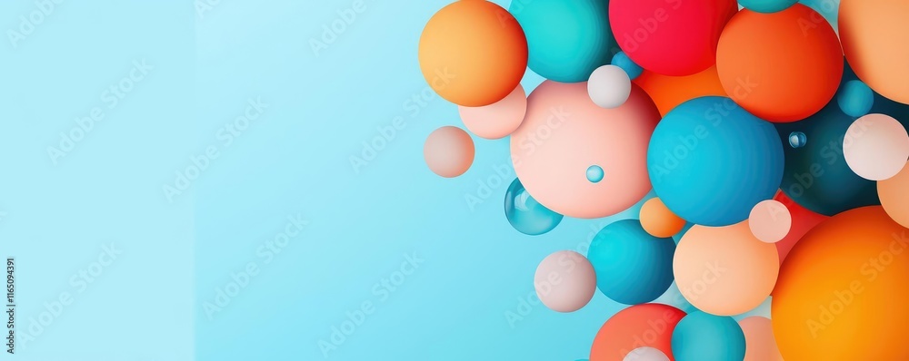 Poster droplets abstract background idea. colorful abstract spheres with smooth surfaces on a light blue ba