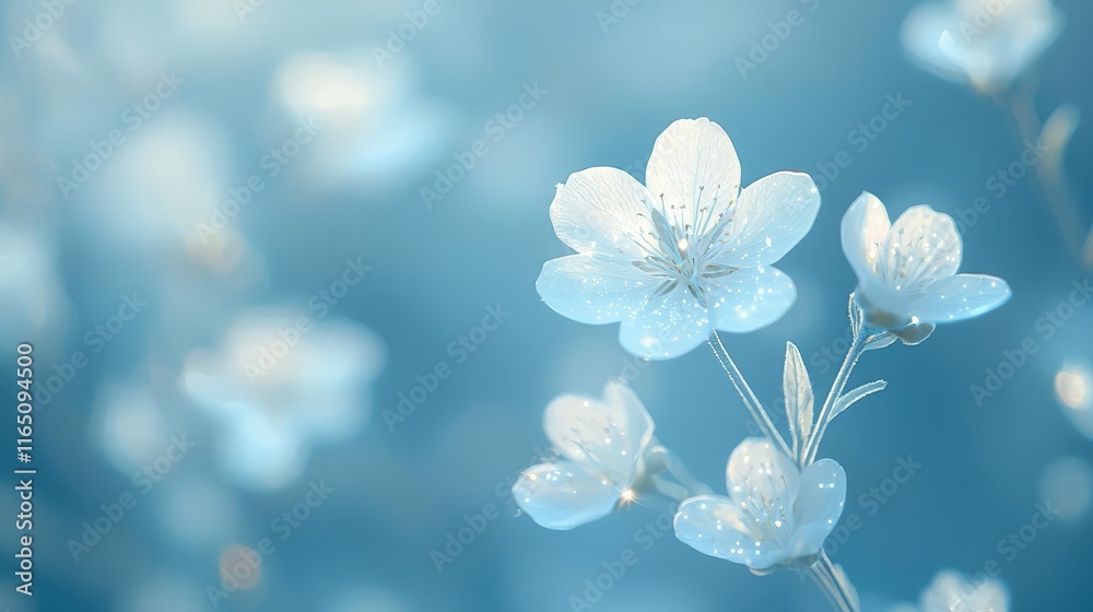 Poster sparkle abstract background concept. delicate white flowers adorned with dew drops against a soft bl
