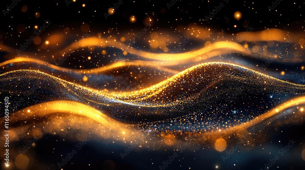 Poster Sparkle abstract background concept. Stunning golden wave patterns with sparkling effects on a dark background.