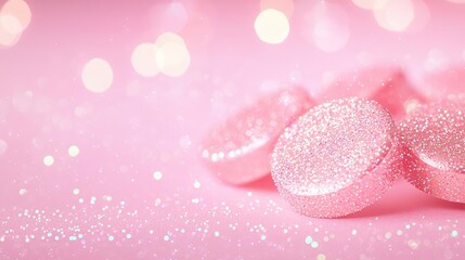 Fototapeta premium Sparkle abstract background concept. Close-up of glittery pink candies on a soft pink background with bokeh effects.
