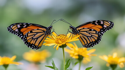 Obraz premium Butterflies on yellow flowers create vibrant, colorful scene