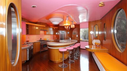 Retro pink kitchen with wood cabinets, curved island, and bar stools.