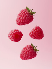 Ripe sweet raspberries with leaves levitate on a pink background. Delicious berries. Advertising...