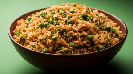 Close-up of a bowl of delicious pea pulao, a flavorful rice dish with peas and herbs.