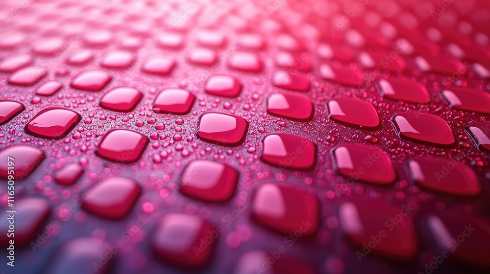 Poster Droplets abstract background idea. Close-up of bright red droplets on a textured surface, showcasing nature's beauty.