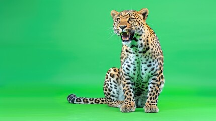 Naklejka premium A leopard sitting against a green background, showcasing its distinctive spots and expression.