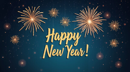 Happy New Year Celebration with Colorful Fireworks Display on Midnight Blue Background