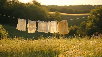 Clothes swaying gently on a clothesline in a country meadow