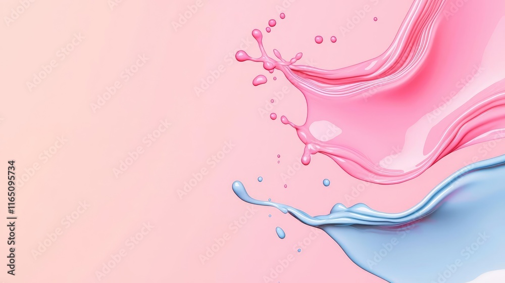 Poster Droplets abstract background idea. Vibrant pink and blue paint splashes creating dynamic abstract art on a soft background.