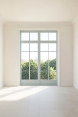 Minimalist room with large windows offering a view of greenery during daytime