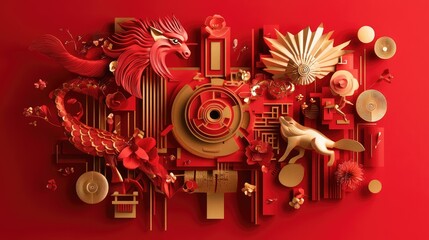 Fototapeta premium Chinese zodiac symbols in abstract geometric shapes, with gold accents and vibrant red gradients.