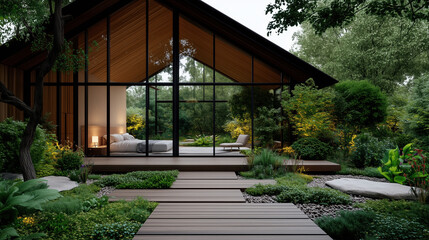 modern house with large glass windows surrounded by lush greenery and wooden pathway
