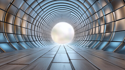 Naklejka premium tunnel with wooden floor and metallic walls, leading to light