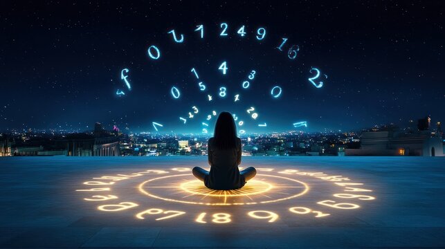 Numerology Fortune Teller: Woman Sitting Amid Magic Numbers for Future Predictions