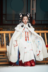 Asian girl wearing Ming Dynasty Hanfu outdoors after heavy snow