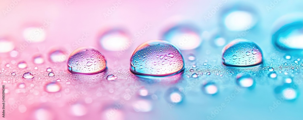 Poster Droplets abstract background idea. Close-up of colorful water droplets on a smooth surface reflecting light beautifully.