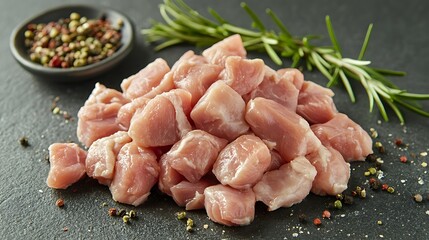 Close-up of raw diced pork meat on dark surface with herbs and spices.