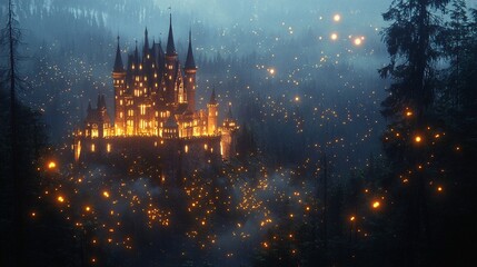 Obraz premium A castle surrounded by glowing, floating fireflies at dusk