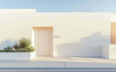 Modern minimalist architecture featuring a sleek white facade and simple landscaping