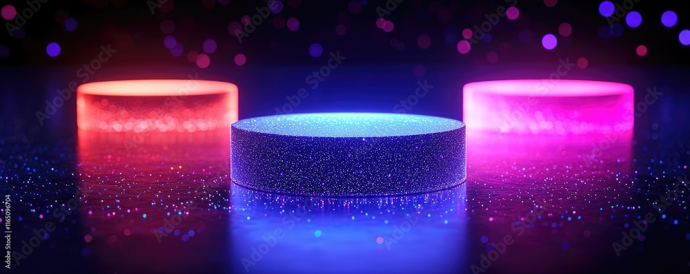 Poster Sparkle abstract background concept. Colorful illuminated discs on a reflective surface, creating a vibrant digital atmosphere.