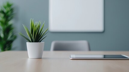 Fototapeta premium Modern workspace featuring tablet, plant, and whiteboard, creating productive environment