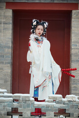 Asian girl wearing Ming Dynasty Hanfu outdoors after heavy snow