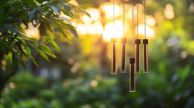 Wind chimes swaying softly in a minimalist garden
