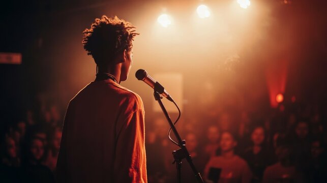 Poetry as catharsis, a young poet standing under a spotlight, emotionally reading their work to an engaged audience