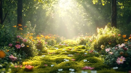 Obraz premium A serene garden bed with lush evergreen shrubs surrounded by soft, velvety moss and blooming spring wildflowers, sunlight filtering through the trees,