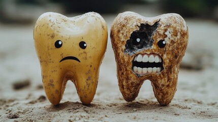 Contrasting smiley and decayed teeth emojis on sand