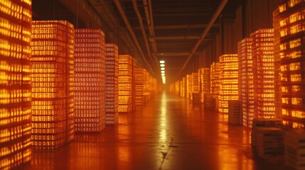 Glowing orange crates in warehouse corridor.