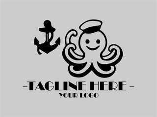 Black octopus with hat and anchor on gray  vector illustration background. Suitable for nautical themes, oceanrelated designs, and marineinspired projects