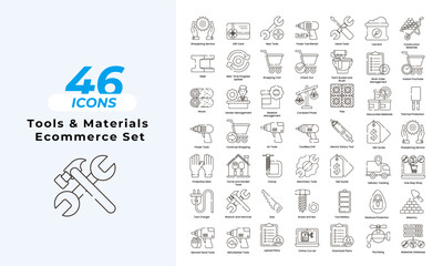 A set of line icons related to Tools and Materials eCommerce Icons.  alert, asphalt, attention, barrier, bright, building, business, carry, cart, and so on others.