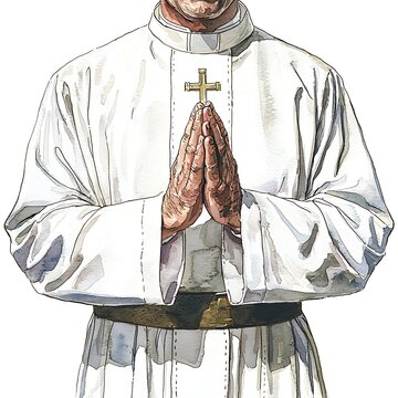Watercolor illustration of a priest's hands clasped in prayer, showcasing detail in the alb and cross.