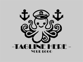 Black octopus with hat and anchor on gray vector illustration background. Suitable for nautical themes, oceanrelated designs, and marineinspired projects