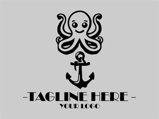 Black octopus with hat and anchor on gray  vector illustration background. Suitable for nautical themes, oceanrelated designs, and marineinspired projects