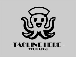 Black octopus with hat and anchor on gray  vector illustration background. Suitable for nautical themes, oceanrelated designs, and marineinspired projects