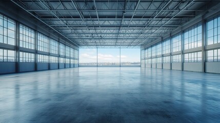 Serene Blue Sky Reflected on Expansive Concrete Floor Interior
