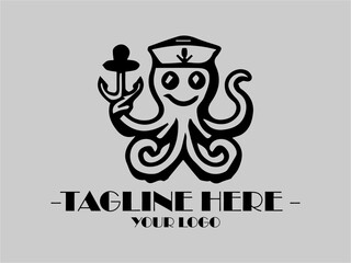 Black octopus with hat and anchor on gray  vector illustration background. Suitable for nautical themes, oceanrelated designs, and marineinspired projects