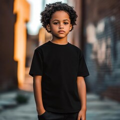 Young Boy in Black T-Shirt Standing in Urban Setting