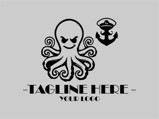 Black octopus with hat and anchor on gray  vector illustration background. Suitable for nautical themes, oceanrelated designs, and marineinspired projects