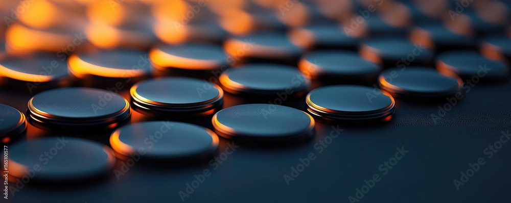 Aufkleber Circles abstract background concept. Close-up of shiny coins arranged in a modern abstract pattern with warm lighting.