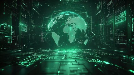 Obraz premium Futuristic digital globe in a virtual server room with green data streams