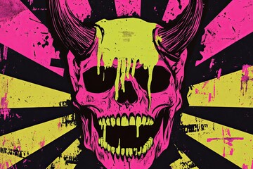 Grunge style illustration of a pink skull with yellow dripping paint and horns against a black and yellow sunburst background.