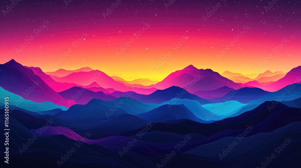 Poster cosmic abstract background idea. vibrant digital sunset over rolling mountains in various shades of 
